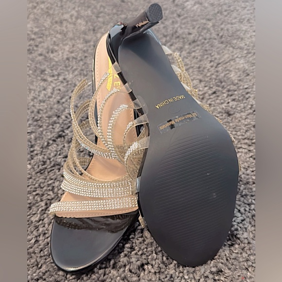 BLACK PATENT STRAPPY RHINESTONE ACCENT SLIP ON HIGH HEELS - Picture 7 of 7